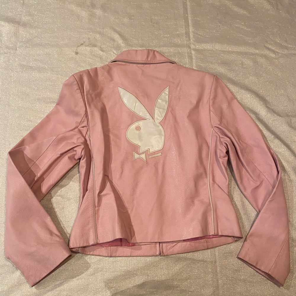 PLAYBOY Y2K Pink Leather Jacket with Iconic Emblem